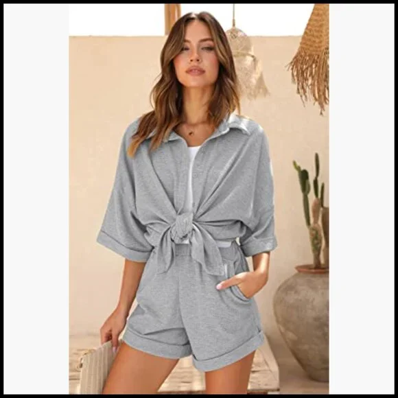 Waffle Knit Lounge Set Short Sleeve Pajamas Button Down Oversized